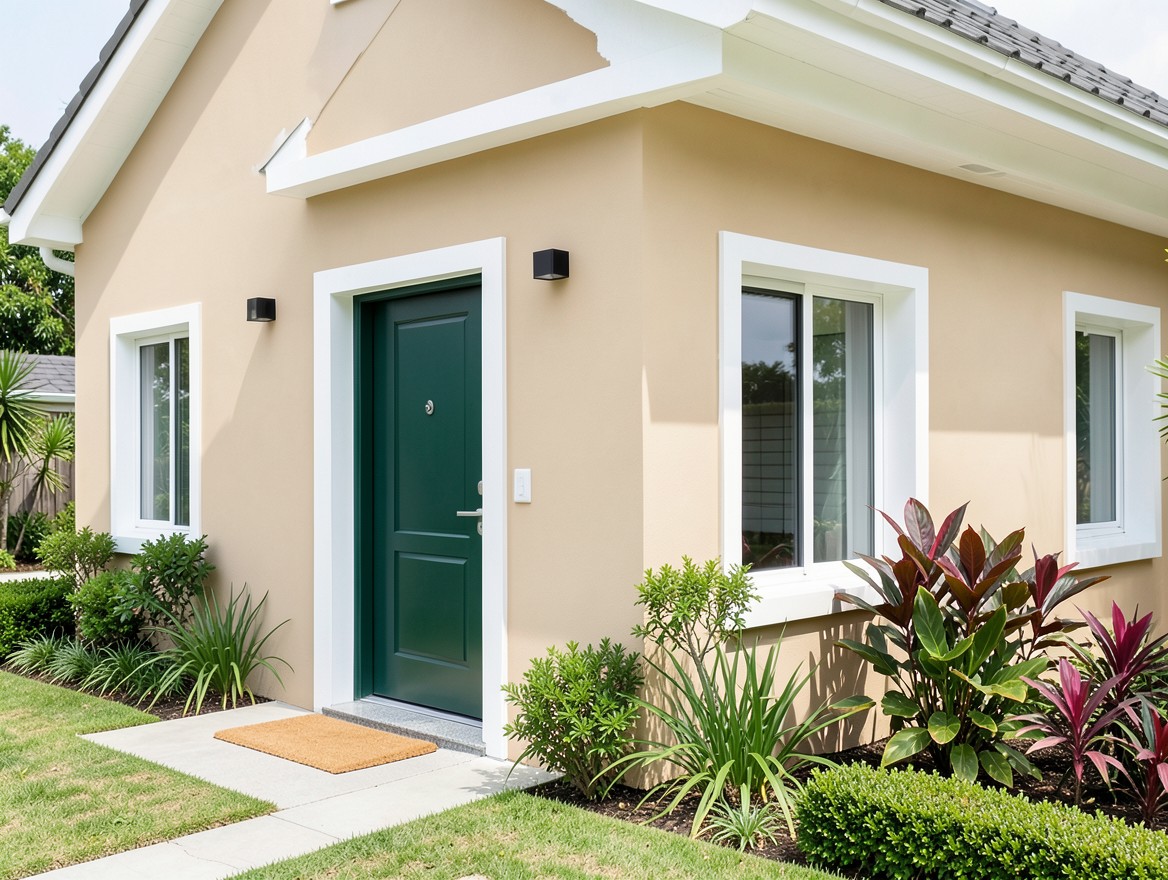 Fachada beige recién pintada con puerta verde